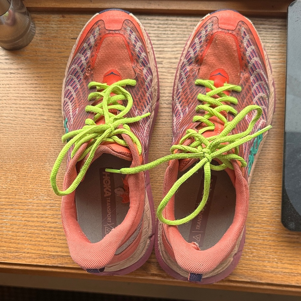 Hoka Coral and Lime Athletic Shoes